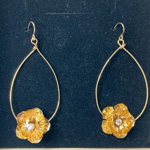 Vintage Gold Tone Tear Drop Hoop Earrings with Flower & Crystal Center